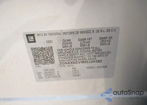 2021 Chevrolet Equinox Fwd Lt from USA, damaged, VIN 3GNAXKEV4MS159383